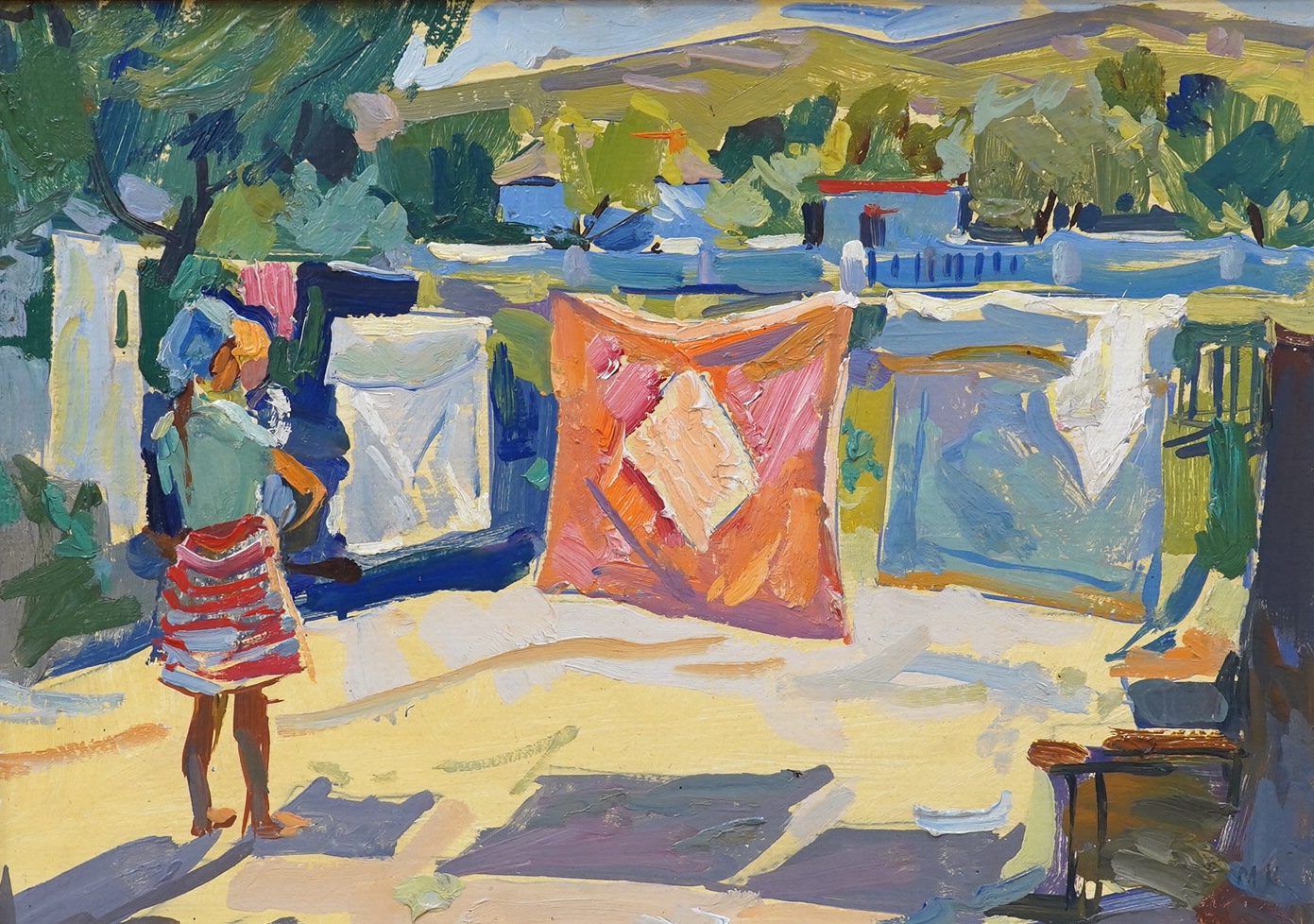 Mikhail Alexandrovich Kokin (1921-2009), oil on board, ‘’The Washing Line’’, monogrammed, 35 x 48cm. Condition - good